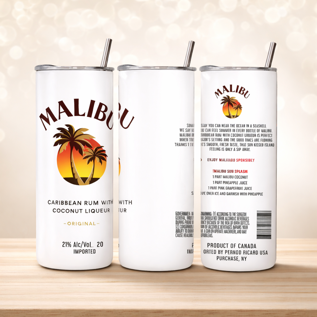 Malibu Inspired 20oz Skinny Tumbler | Coconut Rum Style Stainless Steel Travel Cup