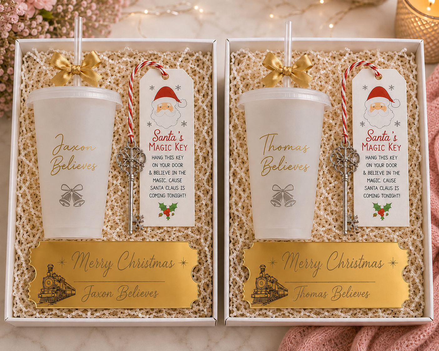 Personalised Polar Express Christmas Eve Gift Set | Custom Cold Cup, Santa’s Magic Key & Golden Ticket