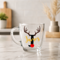 Personalised Reindeer Initial Glass Cappuccino Mug | Custom Name Christmas Coffee Cup Gift