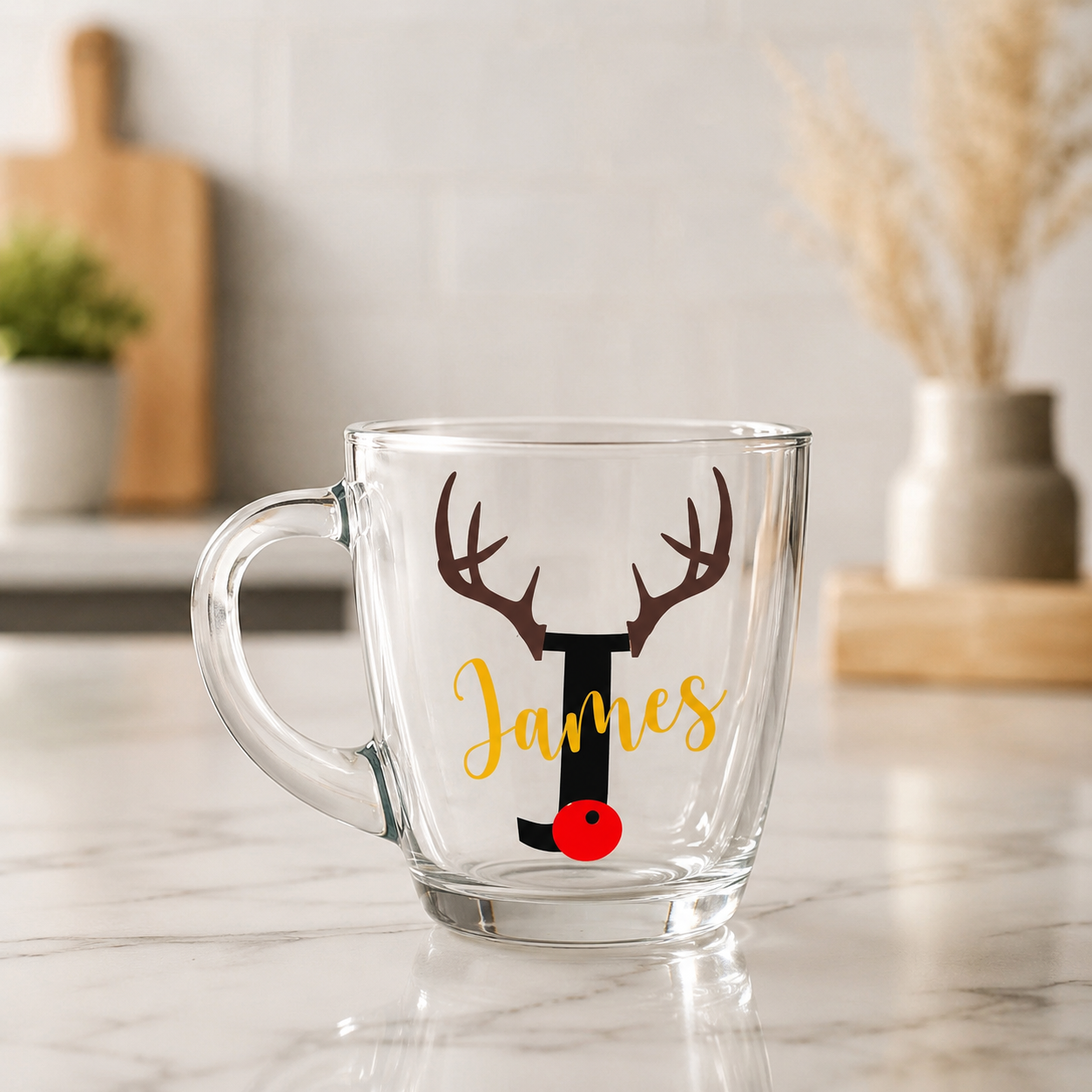 Personalised Reindeer Initial Glass Cappuccino Mug | Custom Name Christmas Coffee Cup Gift