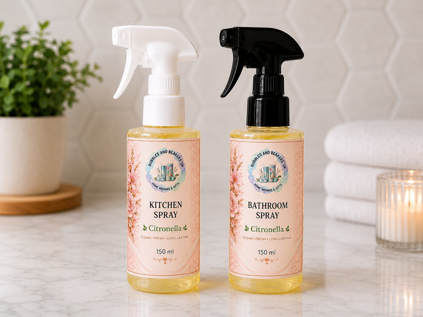 Kitchen & Bathroom Antibacterial Cleaning Spray Set (2 x Bottles) | Bubbles & Beakers