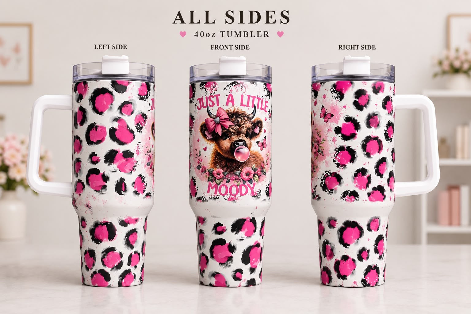 Just a Little Moody Highland Cow 40oz Tumbler with Handle & Straw | Pink Leopard Print Insulated Travel Cup