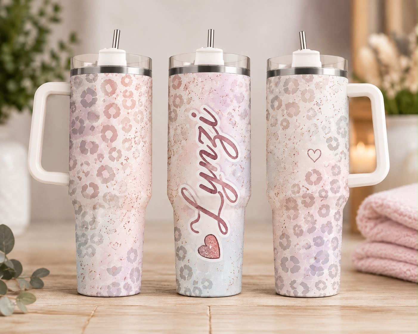Personalised Pink Leopard Print 40oz Tumbler with Handle & Straw | Custom Name Insulated Travel Cup