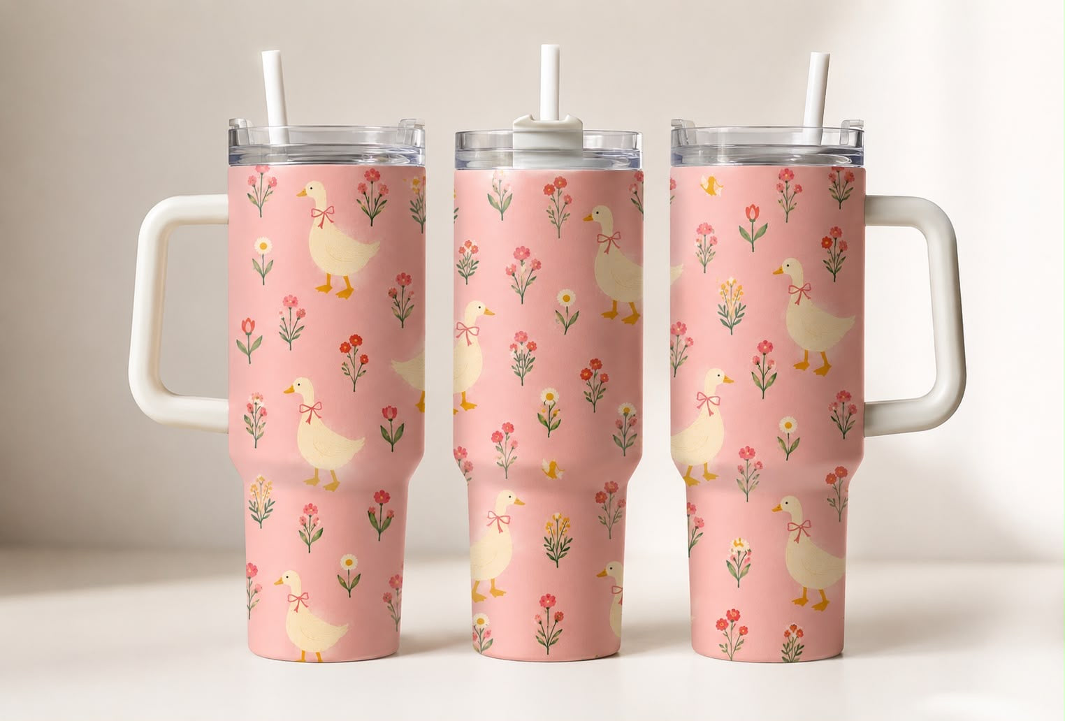 Pink Goose 40oz Tumbler with Handle & Straw | Cottagecore Floral Duck Insulated Travel Cup