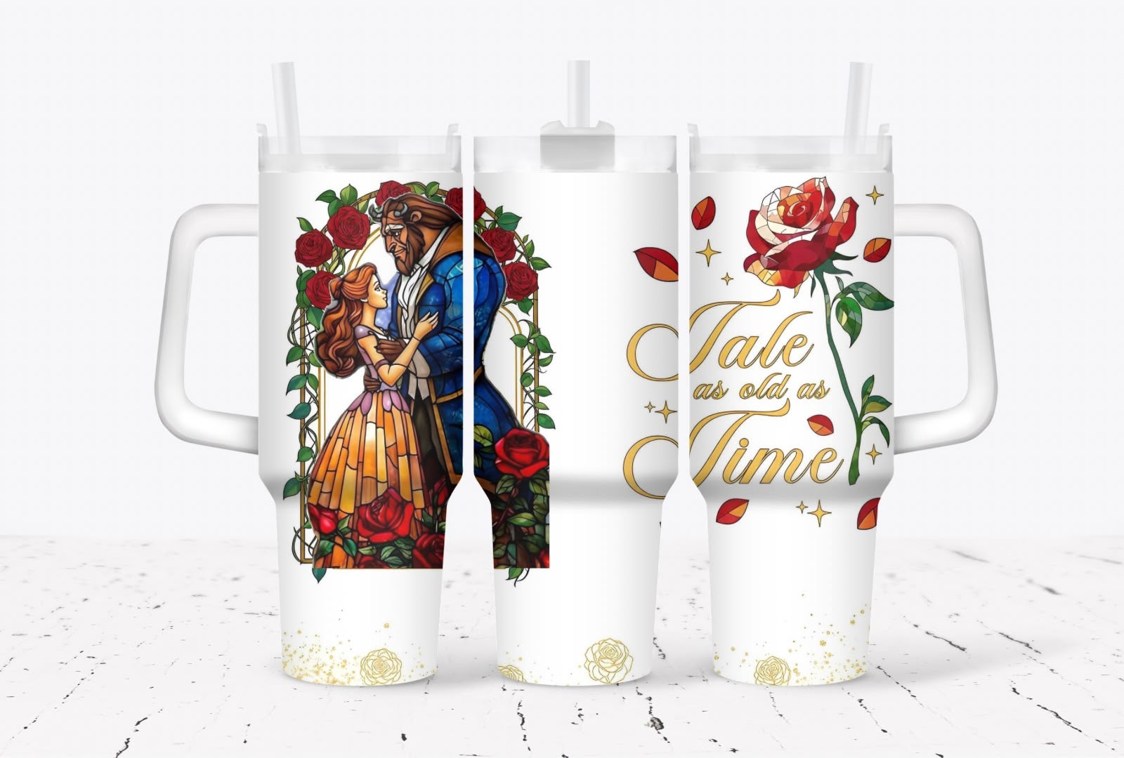 Beauty and the Beast Inspired 40oz Tumbler with Handle & Straw | Tale as Old as Time Insulated Travel Mug