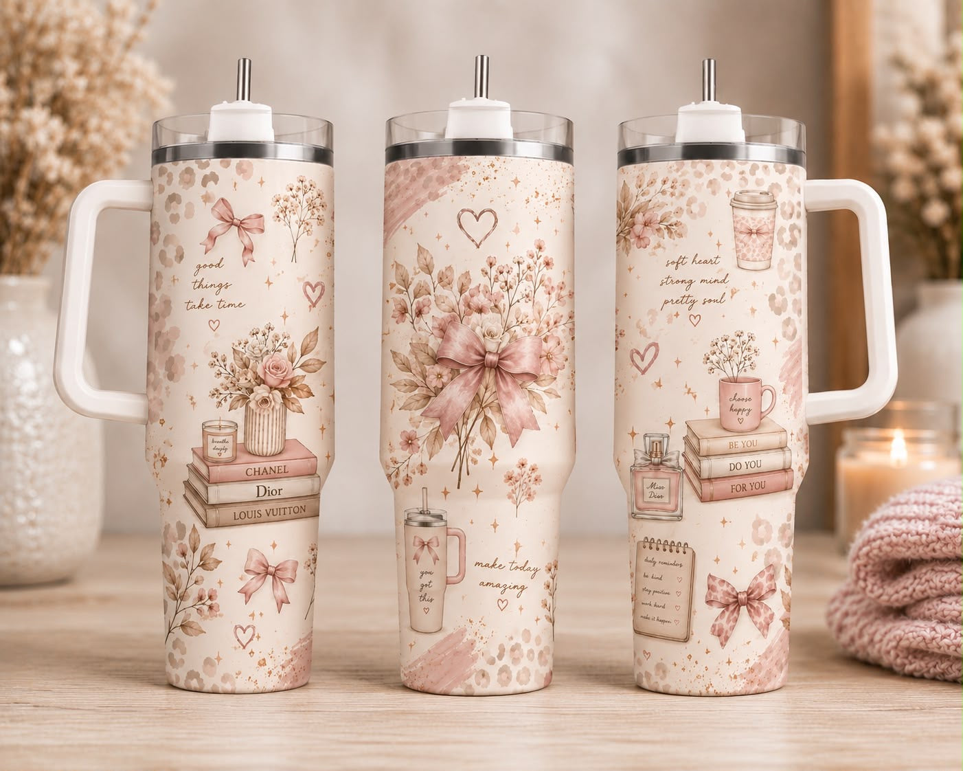 Coquette Aesthetic 40oz Tumbler with Handle & Straw | Pink Bow, Floral & Luxury Inspired Insulated Travel Cup