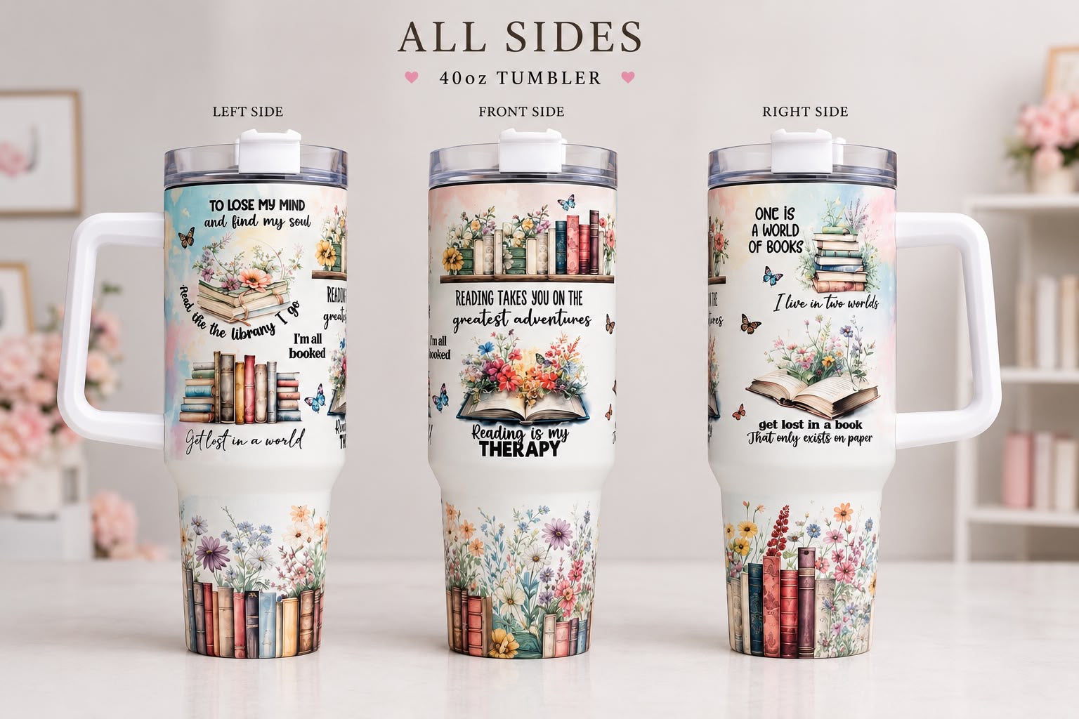 Reading Is My Therapy 40oz Tumbler with Handle & Straw | Book Lover Insulated Travel Mug | Reading Gift