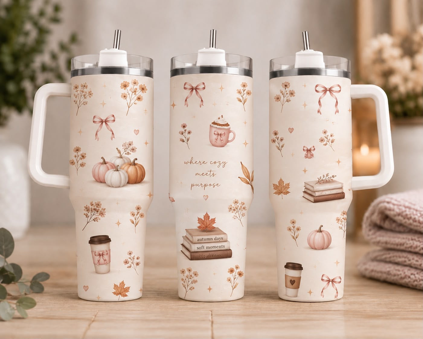 Autumn Aesthetic 40oz Tumbler with Handle & Straw | Cozy Fall Pumpkin & Coffee Insulated Travel Cup