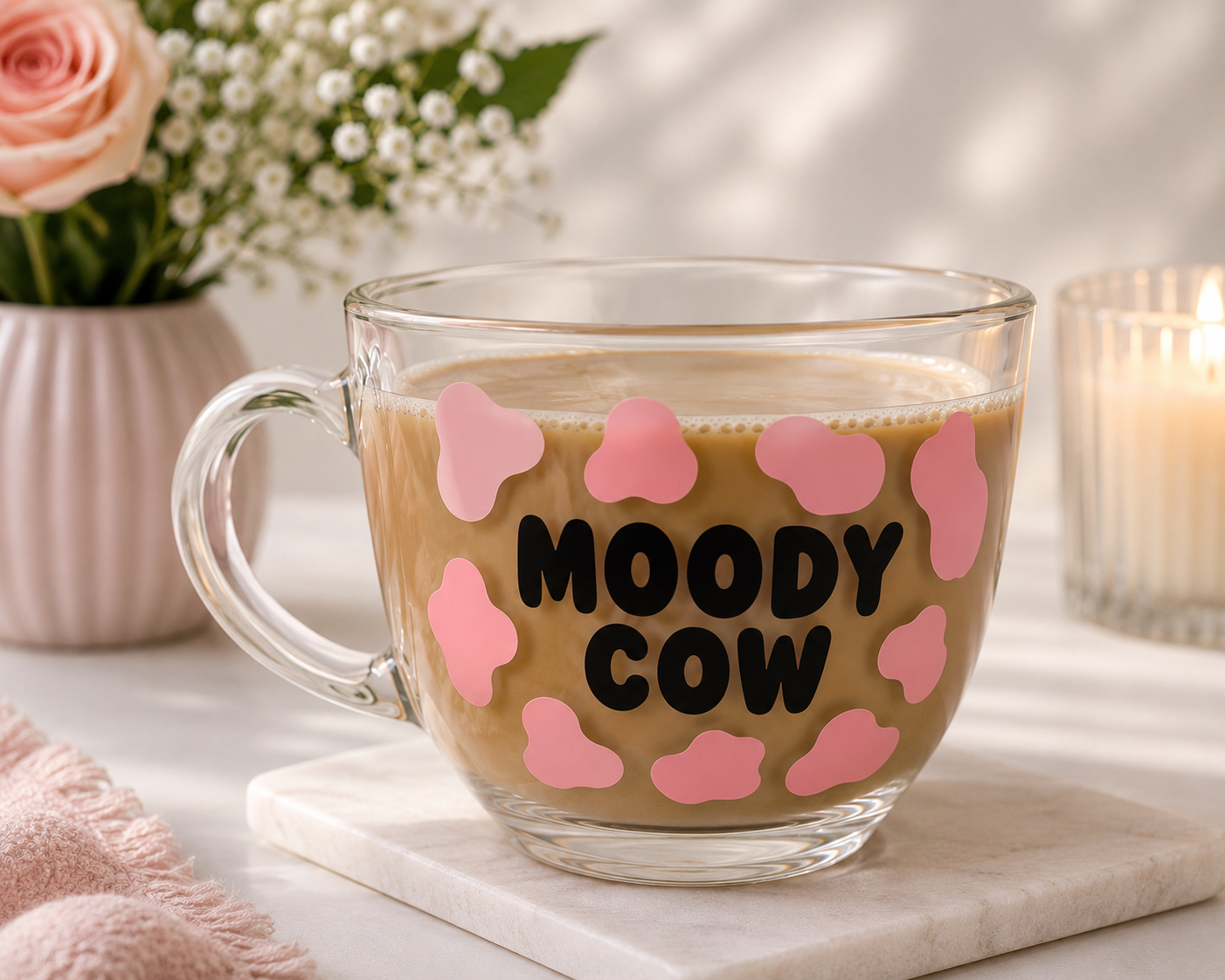 Personalised Moody Cow Cappuccino Mug | Funny Glass Coffee Mug | Pink, Black & White Designs