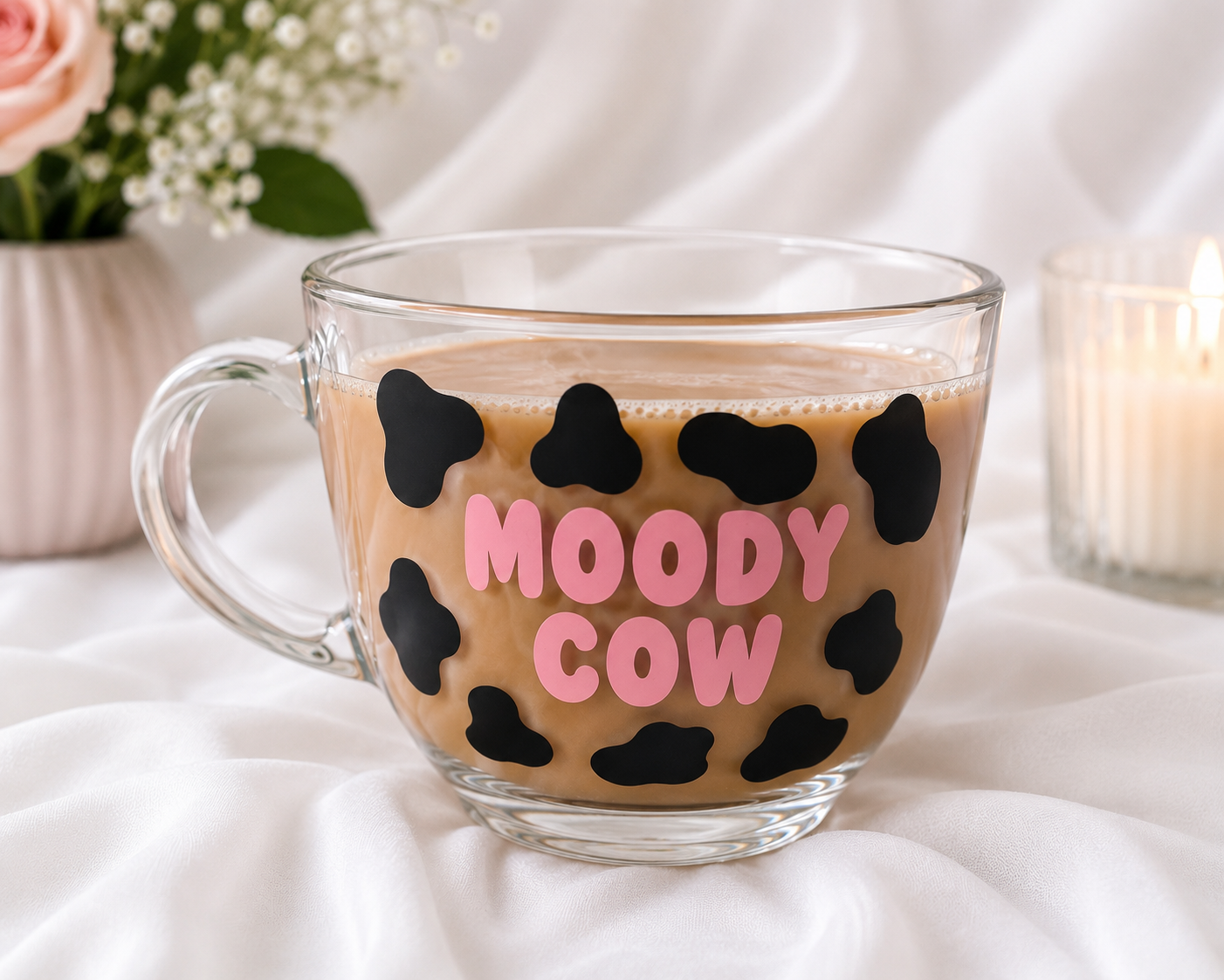 Personalised Moody Cow Cappuccino Mug | Funny Glass Coffee Mug | Pink, Black & White Designs