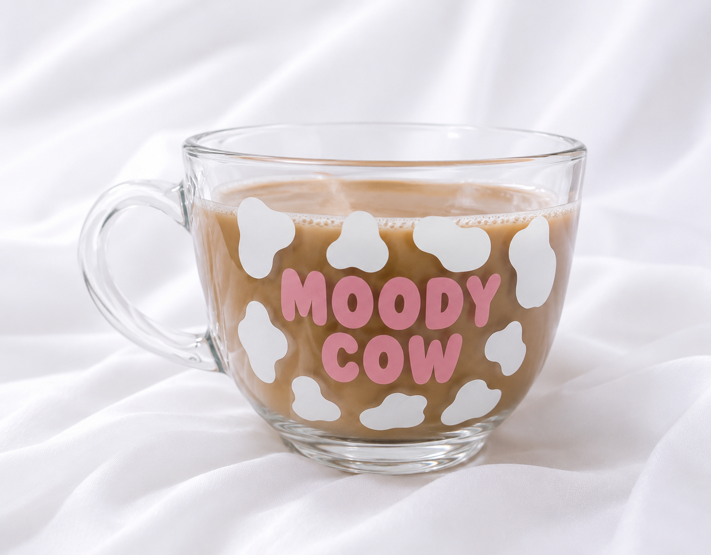 Personalised Moody Cow Cappuccino Mug | Funny Glass Coffee Mug | Pink, Black & White Designs