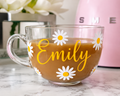 Personalised Daisy Glass Cappuccino Mug | Custom Name Glass Coffee Cup | Floral Coffee Mug Gift UK