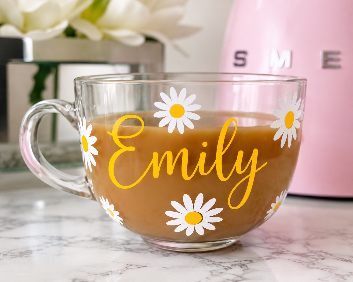 Personalised Daisy Glass Cappuccino Mug | Custom Name Glass Coffee Cup | Floral Coffee Mug Gift UK