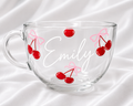 Personalised Cherry Glass Cappuccino Mug | Custom Name Glass Coffee Cup | Cute Cherry Mug Gift