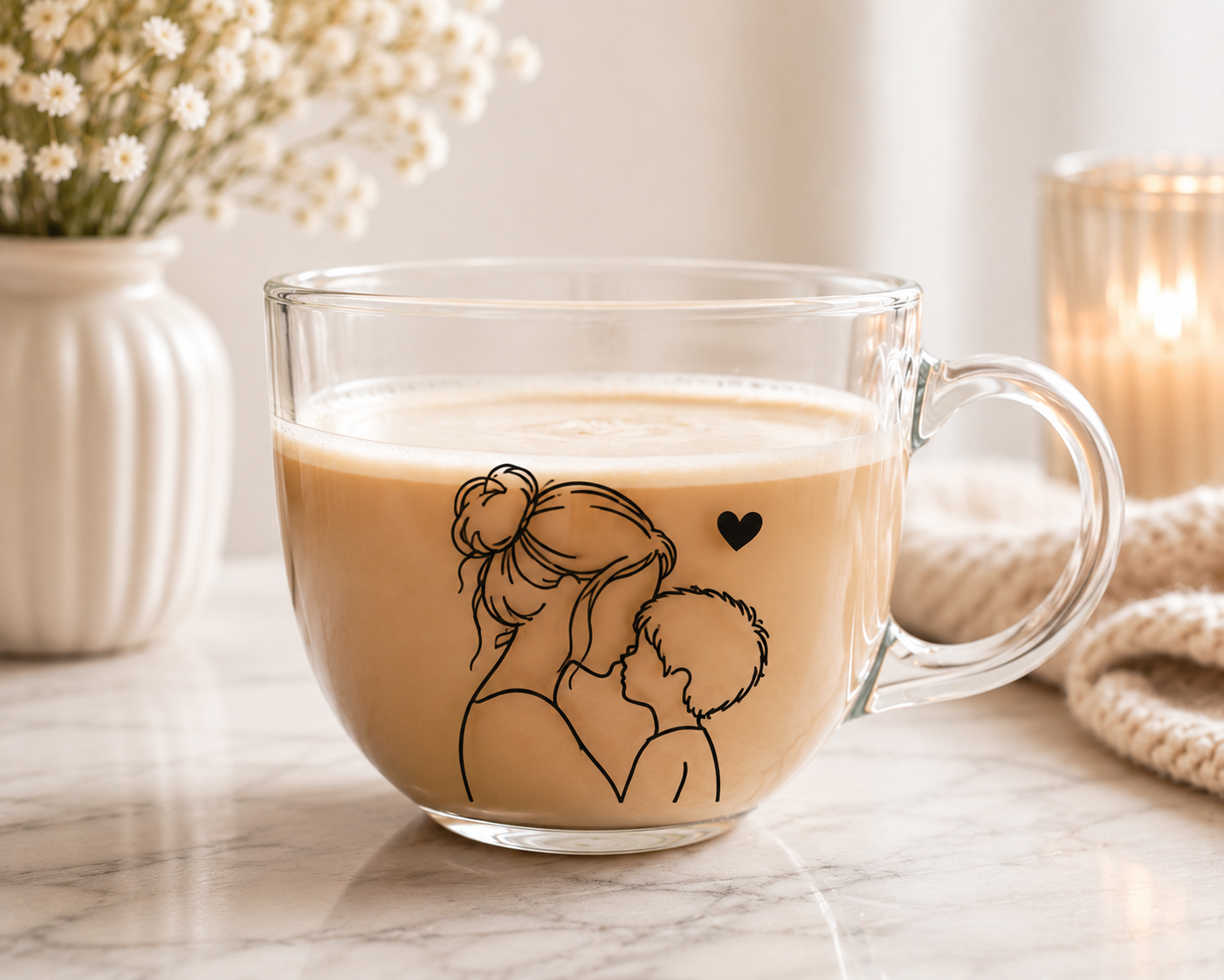 Personalised Mother & Child Glass Cappuccino Mug | custom mum & son or mum & daughter