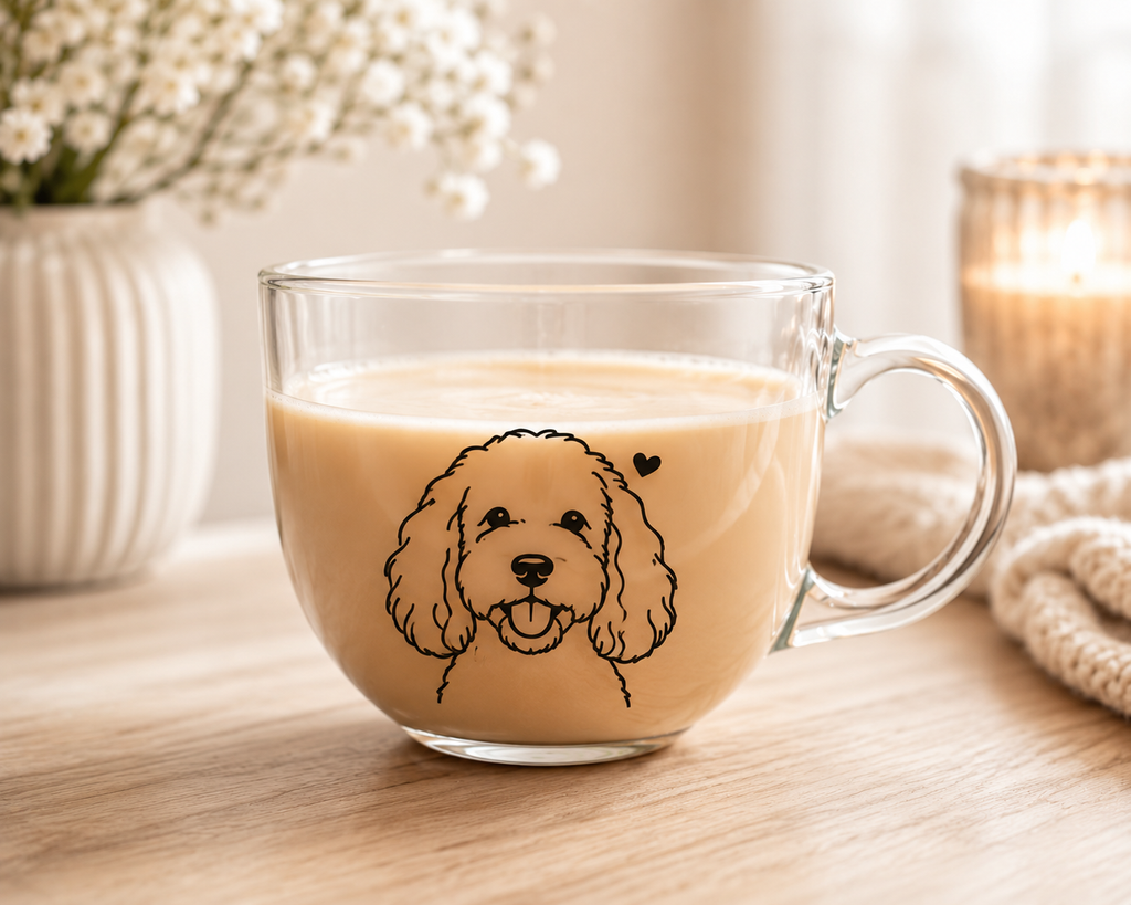 Personalised Dog Glass Cappuccino Mug | Custom Pet Breed Glass Coffee Cup | Dog Lover Gift UK
