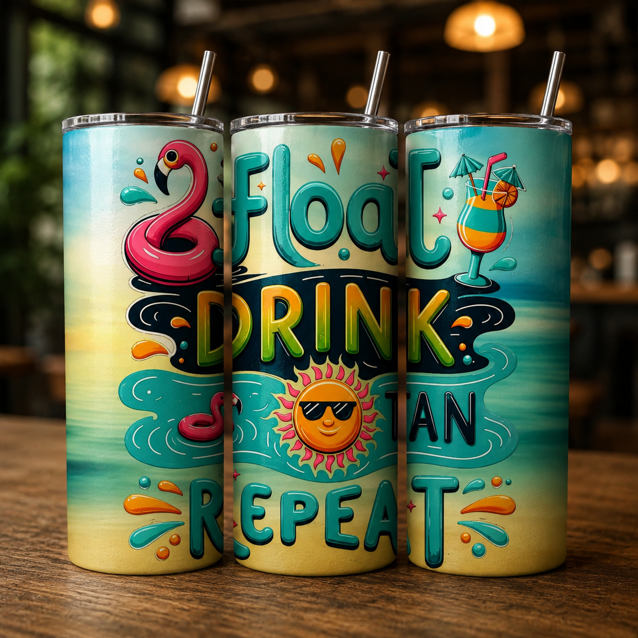 Float Drink Tan Repeat 20oz Skinny Tumbler | Summer Travel Cup | Insulated Stainless Steel Tumbler UK