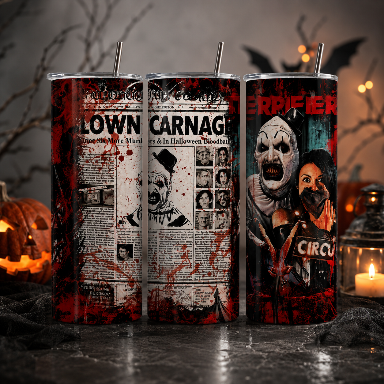 Terrifier Inspired 20oz Skinny Tumbler | Art The Clown Horror Movie Insulated Travel Cup