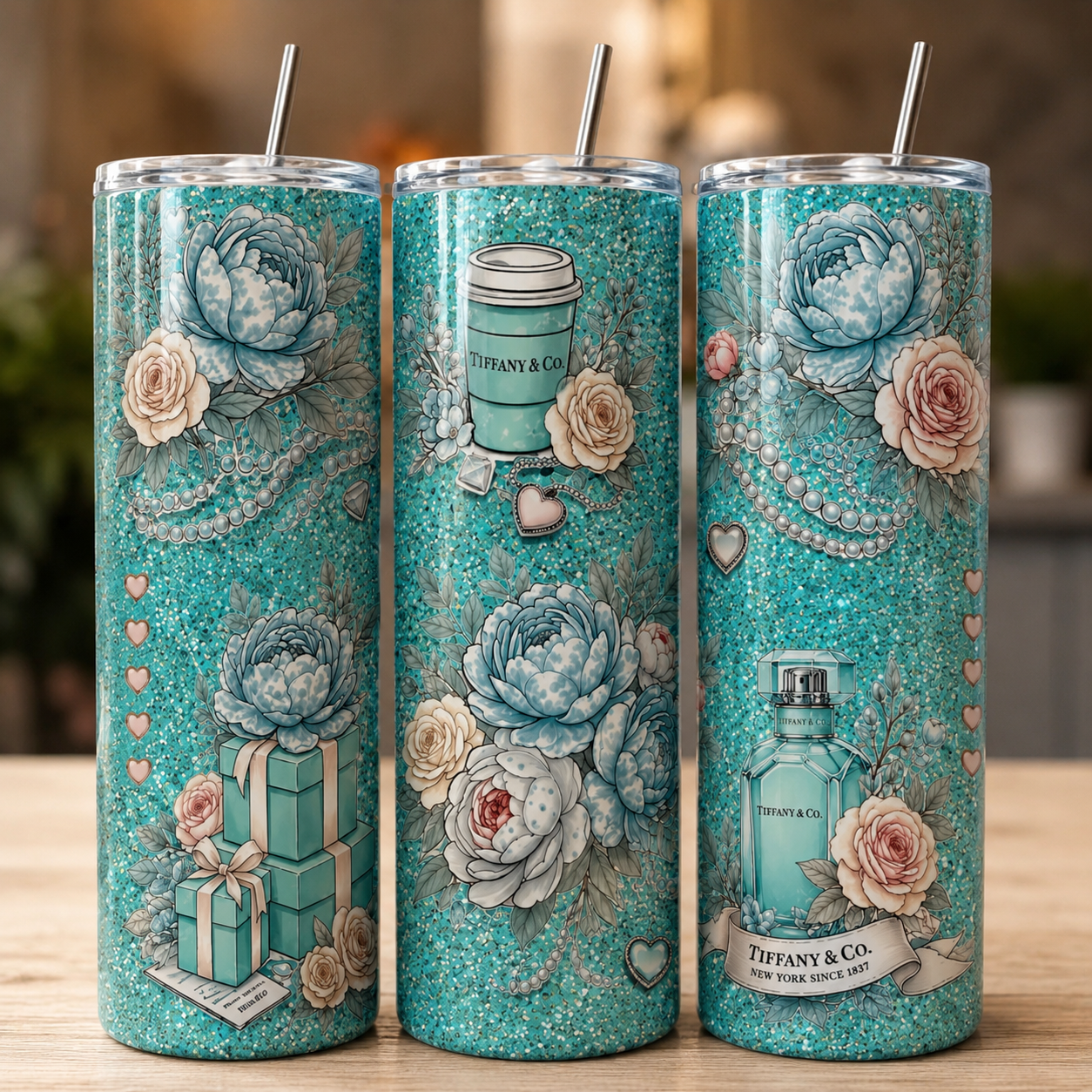 Luxury Blue Floral 20oz Skinny Tumbler | Glam Insulated Stainless Steel Travel Cup