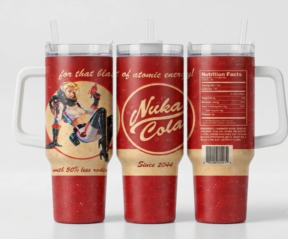 Retro Atomic Cola Inspired 40oz Tumbler with Handle – Wasteland Gaming Travel Cup | Stainless Steel Insulated Mug