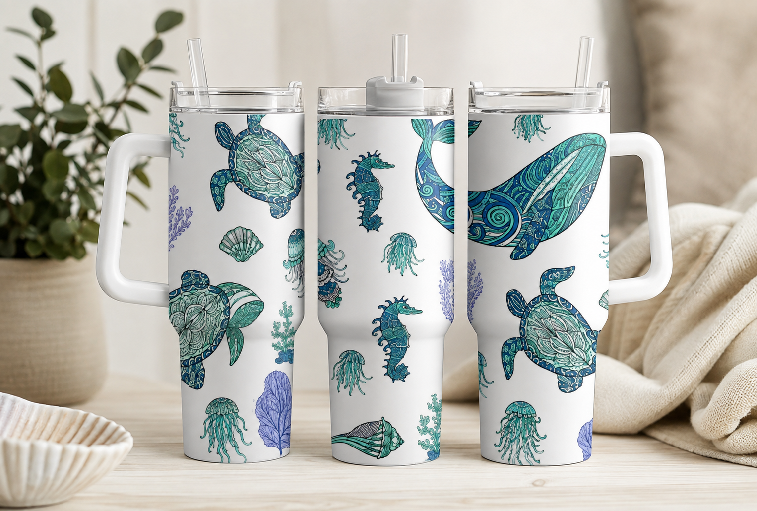 Personalised Ocean Life 40oz Tumbler with Handle & Straw | Turtle, Whale & Seahorse Travel Cup