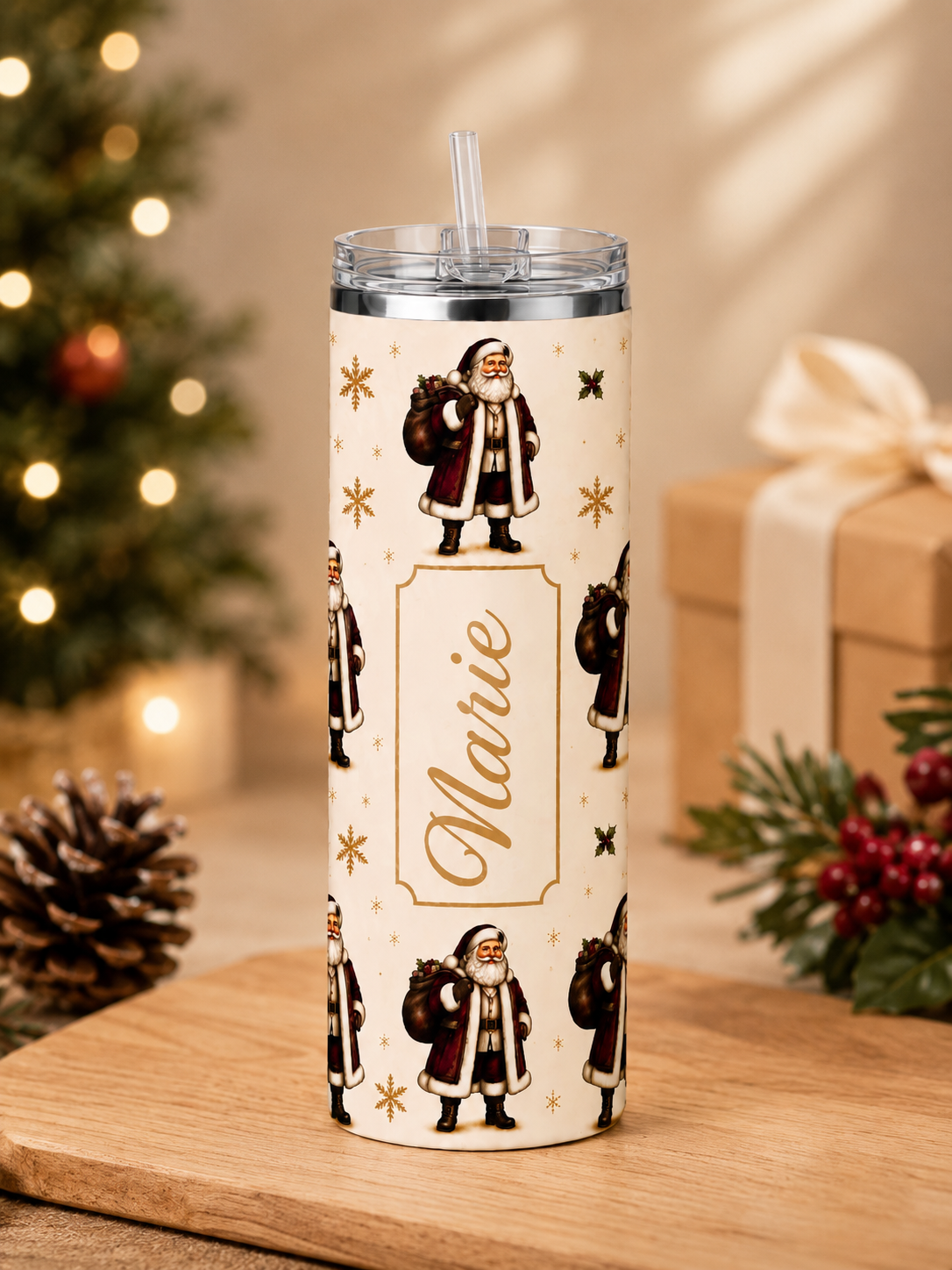 Personalised Christmas Santa Skinny Tumbler | Custom Name 20oz Christmas Cup with Straw