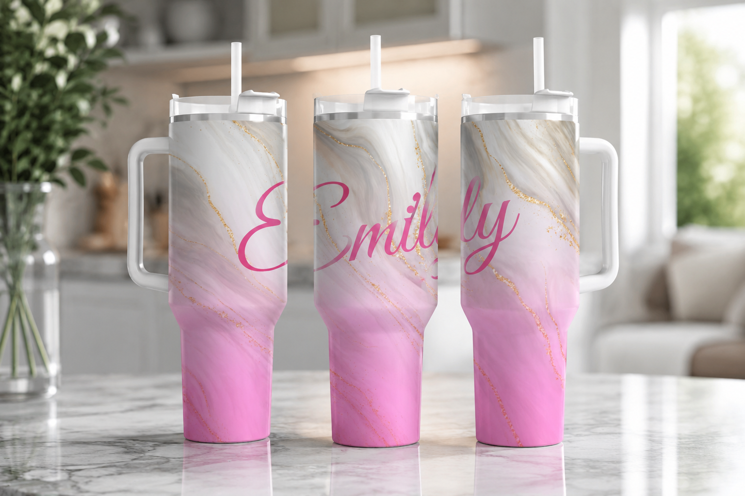 Personalised Pink Marble 40oz Tumbler with Handle | Custom Name Insulated Travel Cup with Straw