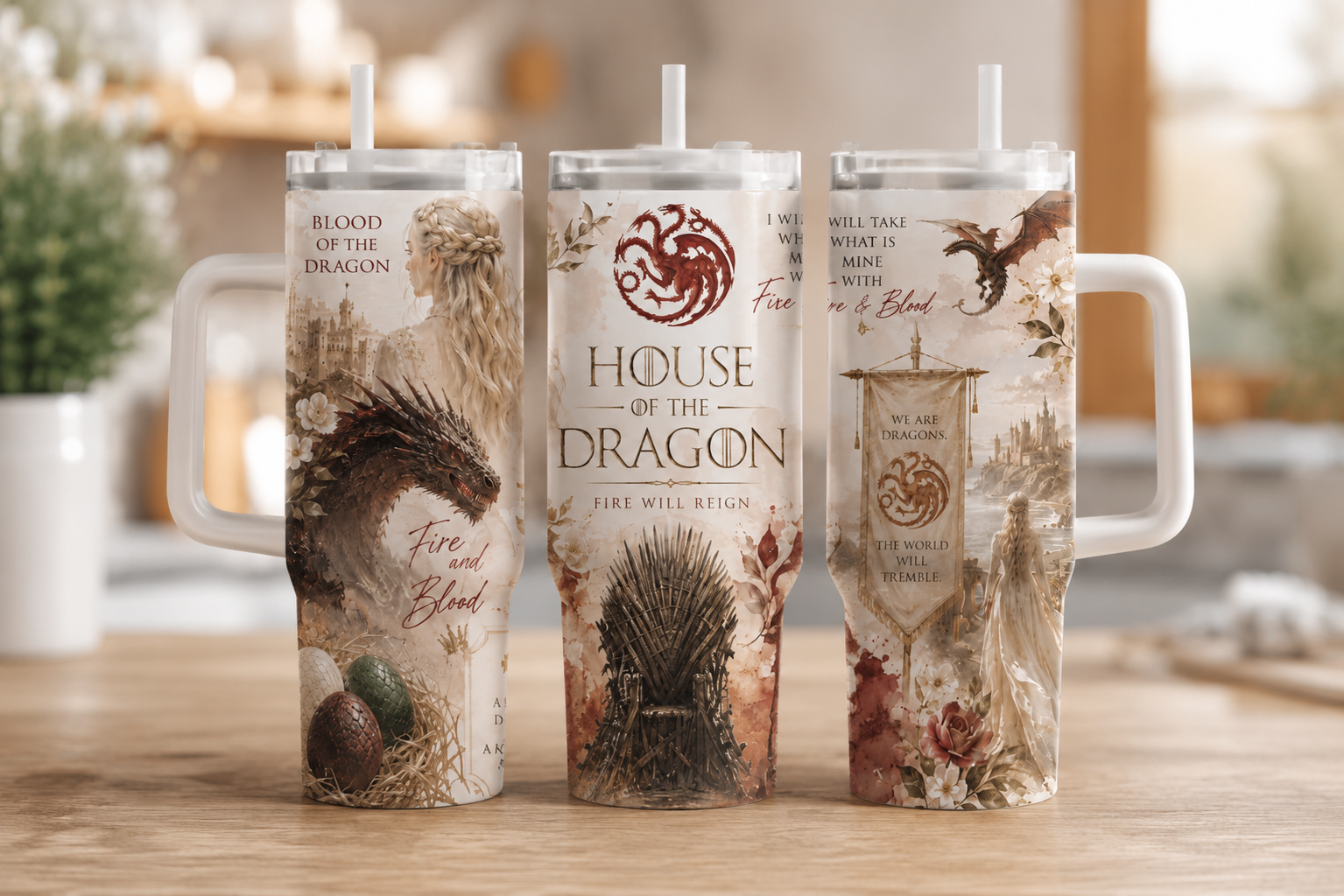 House of the Dragon 40oz Tumbler with Handle | Fantasy Dragon Stanley Style Insulated Travel Cup