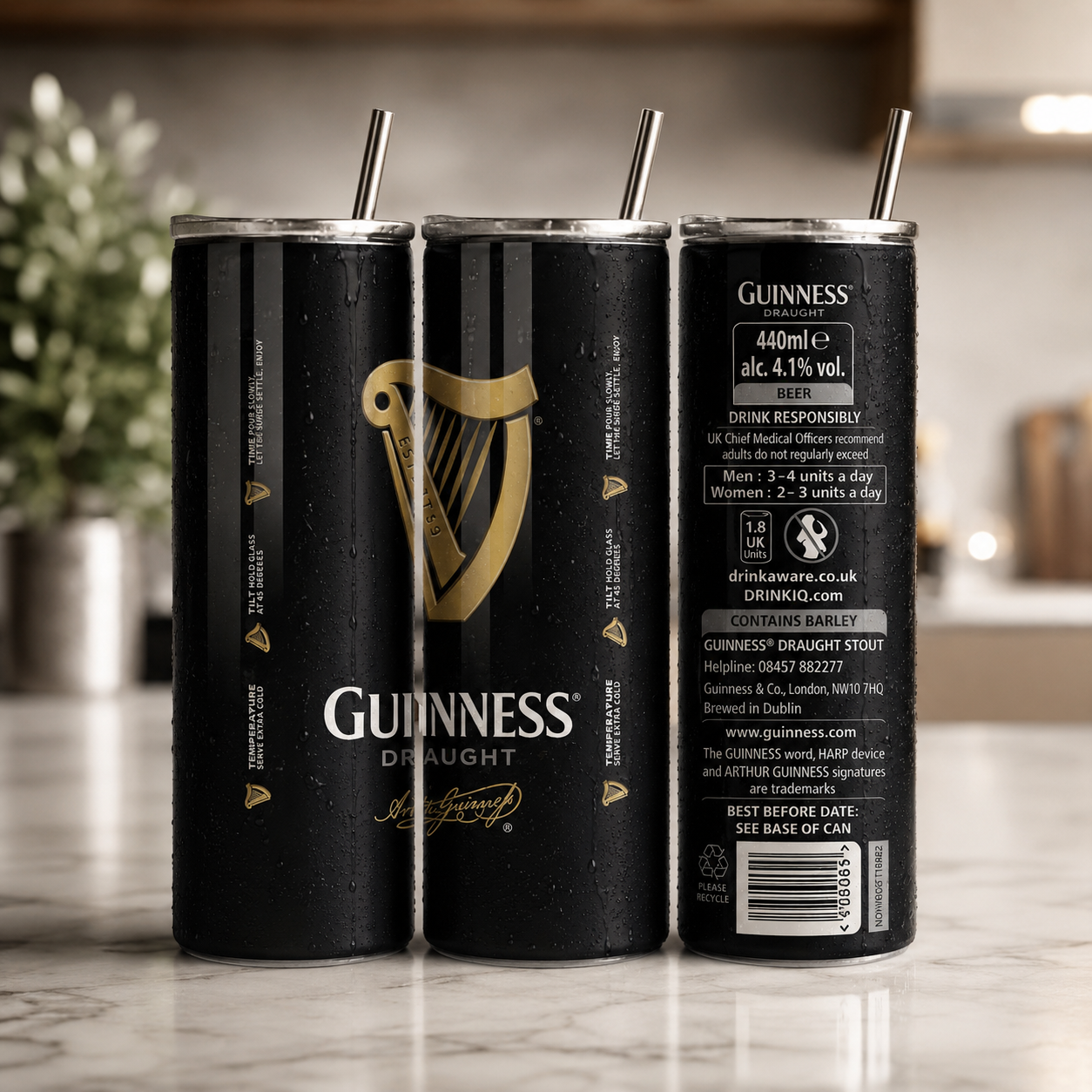 Guinness Inspired Skinny Tumbler with Straw | Stainless Steel Insulated Travel Cup | Novelty Gift