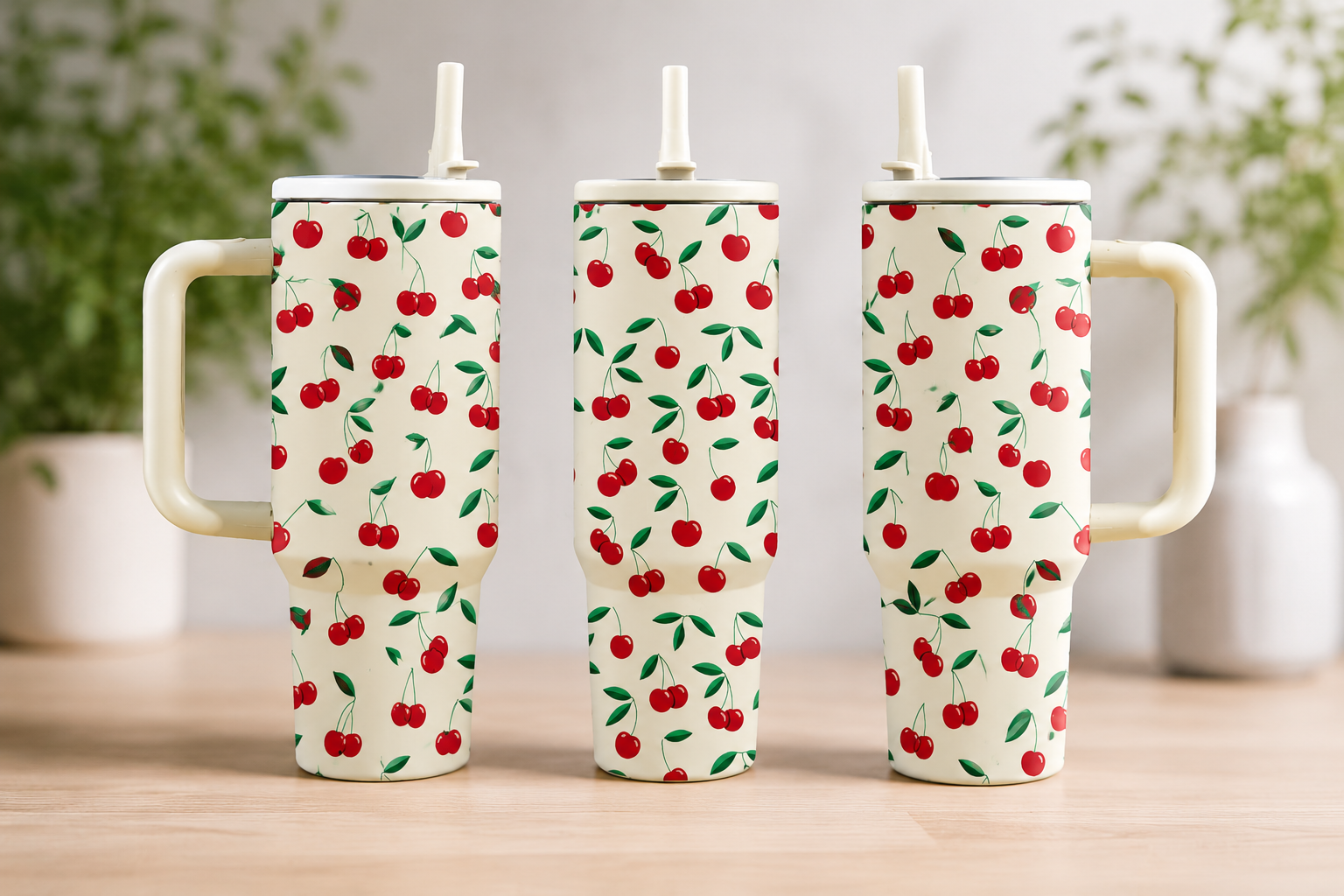 Cherry Print 40oz Tumbler with Handle | Cute Stanley Style Insulated Travel Cup with Straw