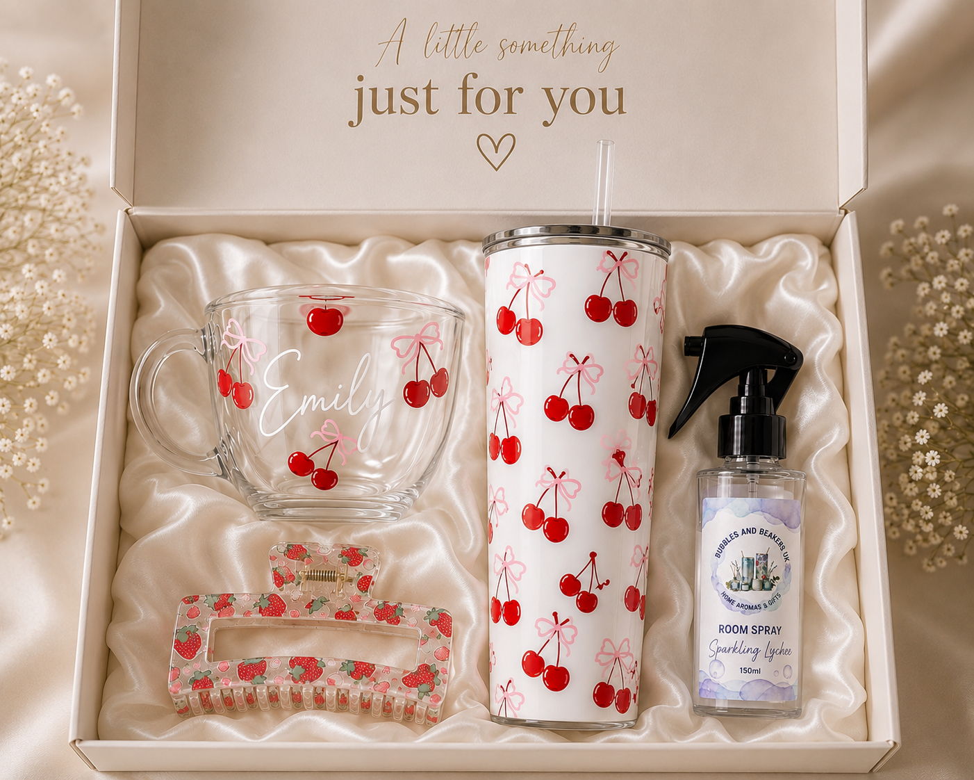 Personalised Cherry Gift Box Set | Cherry Glass Mug, 20oz Tumbler, Room Spray & Cherry Claw Clip | Bubbles and Beakers UK