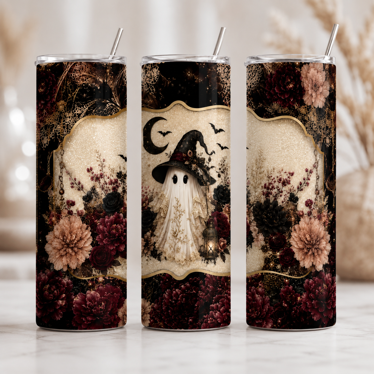 Spooky Elegant Ghost Witch 20oz Skinny Tumbler | Halloween Cup